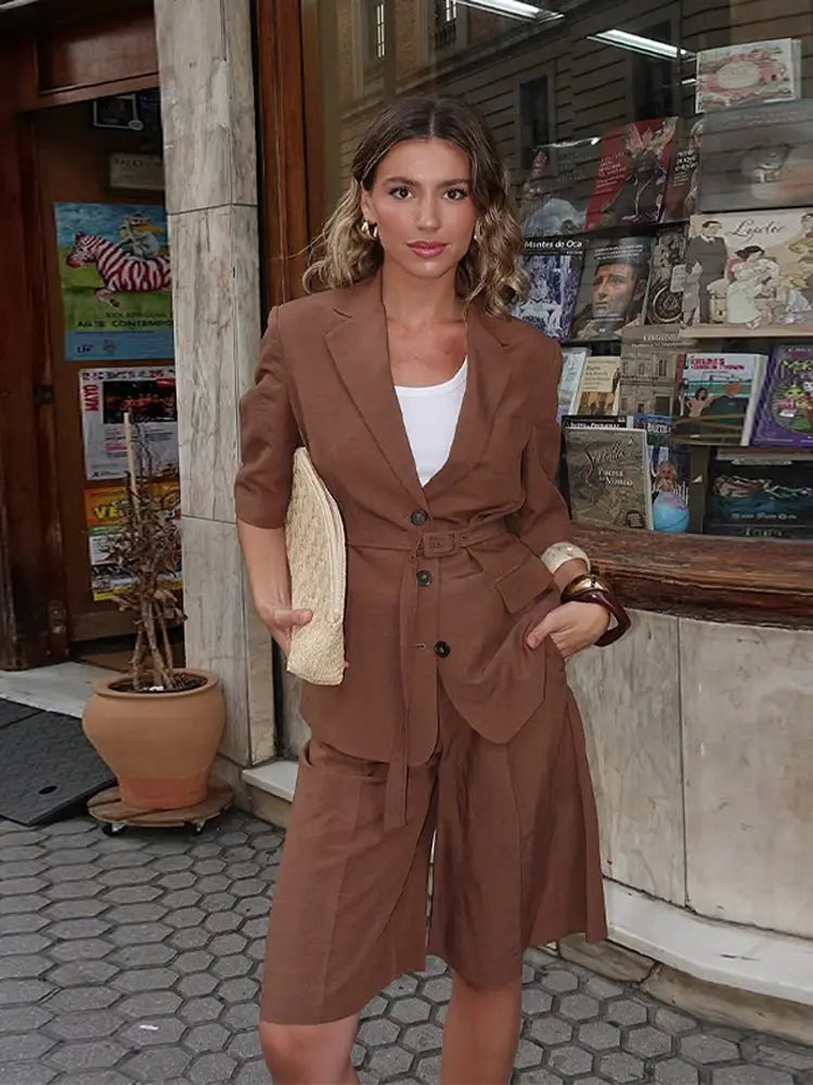 AYDENMONTANA 2025 Summer Women's Cotton Linen Loose Set - Lapel Half-Sleeve Top & Belted Shorts Outfit