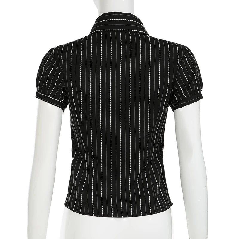 AYDENMONTANA Darlingaga Y2K Retro Stripe Slim Short Sleeve Blouse - Chic Button-Up Summer Casual Top