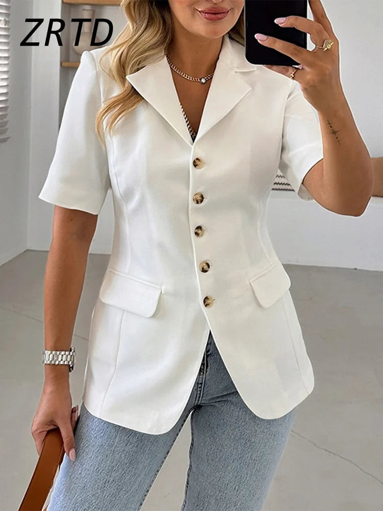 AYDENMONTANA 2025 Spring Summer Women's Elegant Solid Slim Lapel Blazer - Short Sleeve Single Breasted Office Jacket