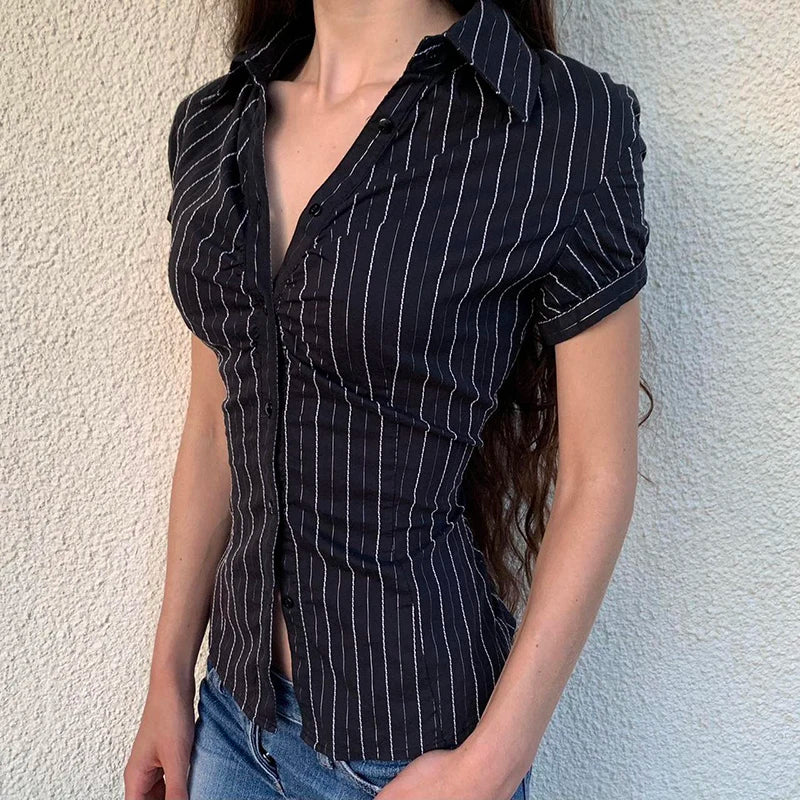 AYDENMONTANA Darlingaga Y2K Retro Stripe Slim Short Sleeve Blouse - Chic Button-Up Summer Casual Top