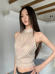 AYDENMONTANA CHEERART 2025 Women's Beige Polka Dot Lace Patchwork Halter Crop Top - Y2K Gyaru Summer Sleeveless Cute Top