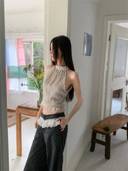 AYDENMONTANA CHEERART 2025 Women's Beige Polka Dot Lace Patchwork Halter Crop Top - Y2K Gyaru Summer Sleeveless Cute Top