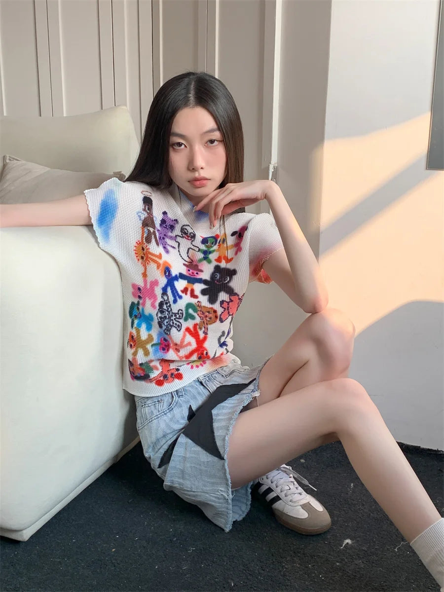 AYDENMONTANA CHEERART 2024 Women's Summer Artist Graffiti Crop Tee - White Designer Pleated Graphic T-Shirt