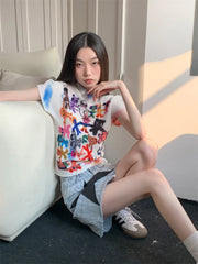 AYDENMONTANA CHEERART 2024 Women's Summer Artist Graffiti Crop Tee - White Designer Pleated Graphic T-Shirt