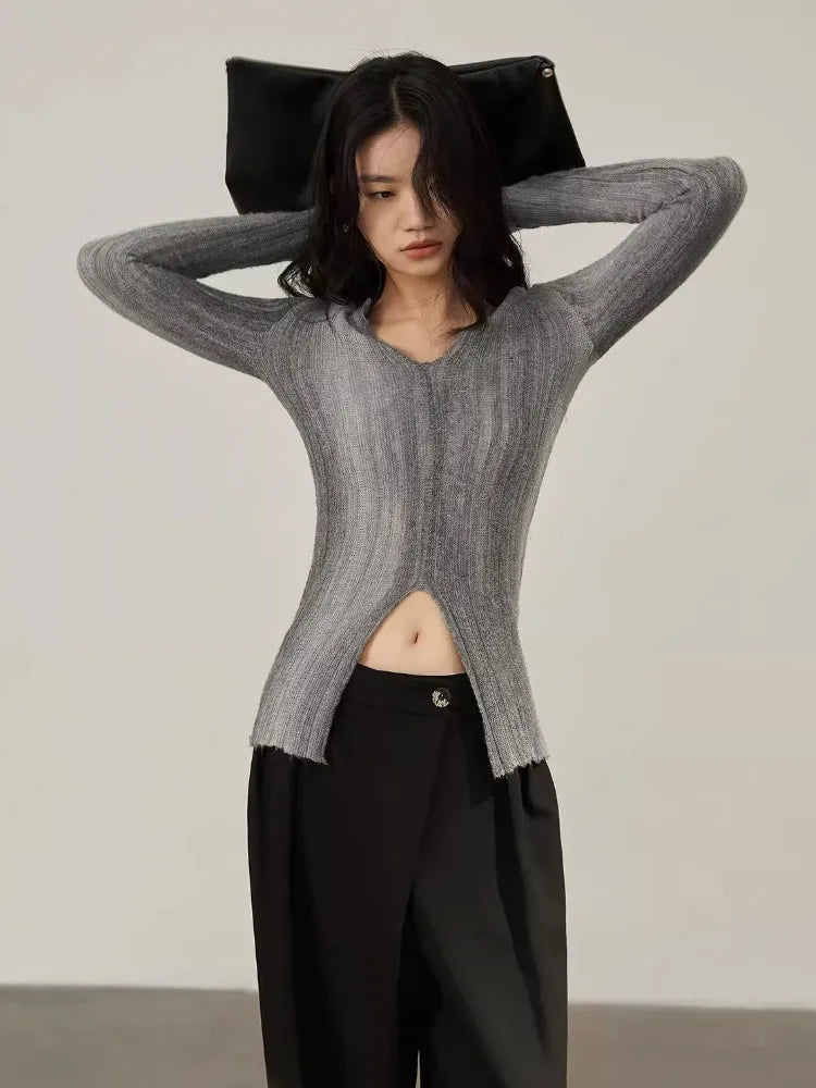 AYDENMONTANA CHEERART 2024 Women's Gradient Grey Long Sleeve Knitted Pullover - Designer V Neck Fall Sweater