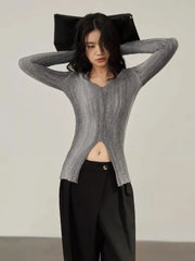 AYDENMONTANA CHEERART 2024 Women's Gradient Grey Long Sleeve Knitted Pullover - Designer V Neck Fall Sweater
