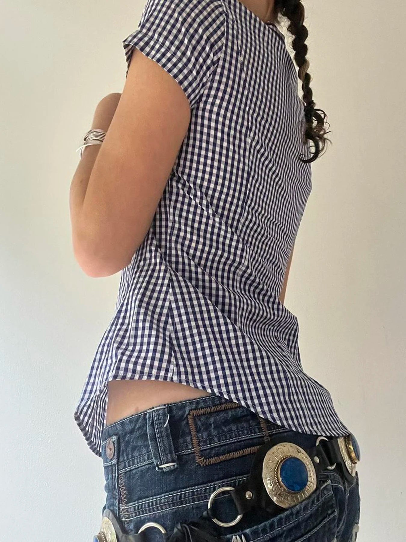 AYDENMONTANA Cuteandpsycho Y2K Plaid Button-Up Blouse - Women's Short Sleeve Turn-Down Neck Vintage 2000s Top