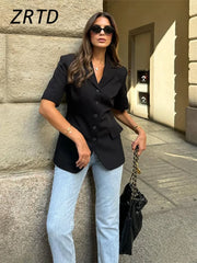 AYDENMONTANA 2025 Spring Summer Women's Elegant Solid Slim Lapel Blazer - Short Sleeve Single Breasted Office Jacket
