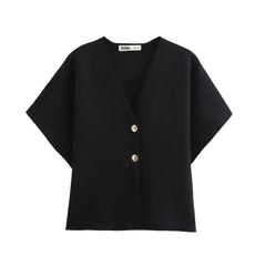 AYDENMONTANA 2024 Autumn Women's European & American Style Flat-Knit Short Sleeve Jacket - V-Neck Street Fashion Knitted Top