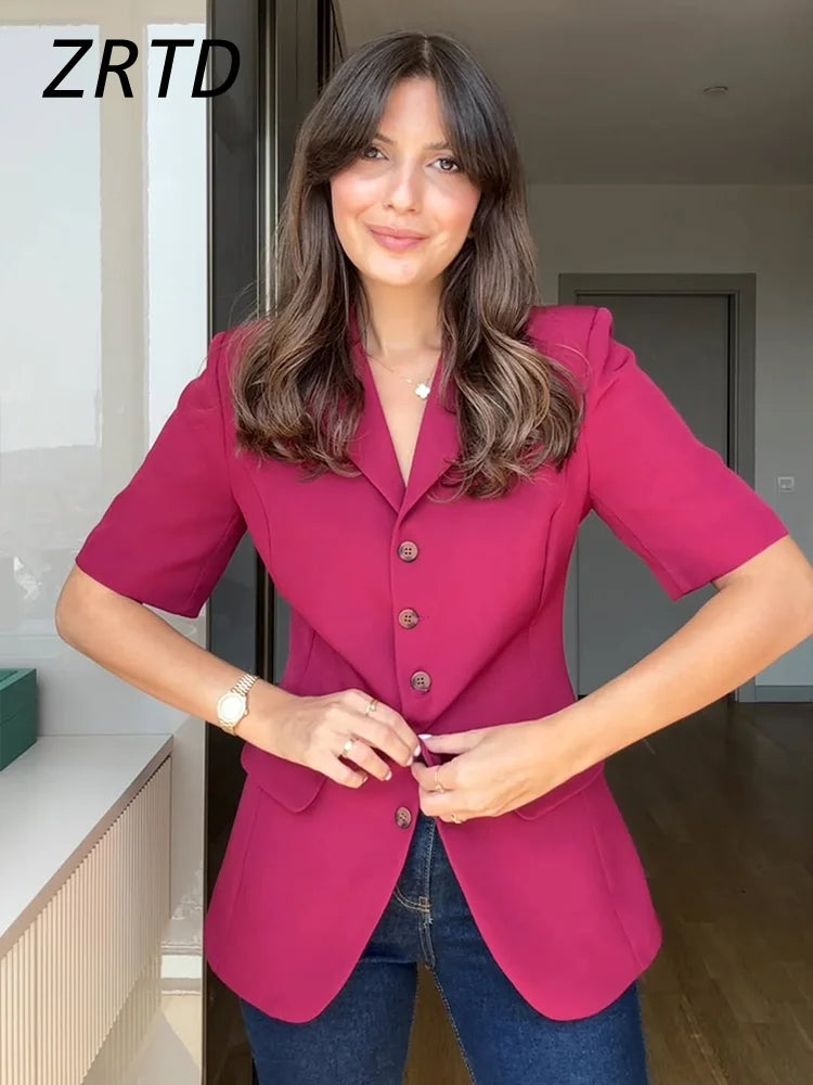 AYDENMONTANA 2025 Spring Summer Women's Elegant Solid Slim Lapel Blazer - Short Sleeve Single Breasted Office Jacket