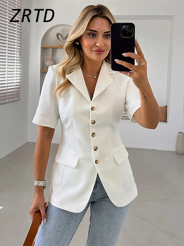 AYDENMONTANA 2025 Spring Summer Women's Elegant Solid Slim Lapel Blazer - Short Sleeve Single Breasted Office Jacket