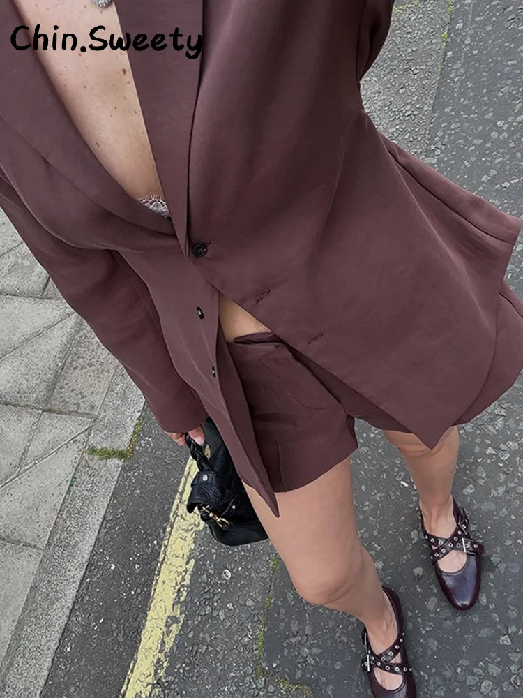 AYDENMONTANA 2025 Summer Women's Casual Lace-Up Blazer Shorts Set - Loose Lapel Full Sleeve Single Breasted Top & Mini Short Street Suit
