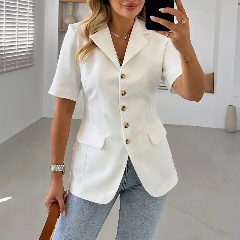 AYDENMONTANA 2025 Spring Summer Women's Elegant Solid Slim Lapel Blazer - Short Sleeve Single Breasted Office Jacket
