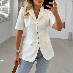 AYDENMONTANA 2025 Spring Summer Women's Elegant Solid Slim Lapel Blazer - Short Sleeve Single Breasted Office Jacket