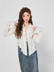 AYDENMONTANA CHEERART 2023 Women's Bandage Chiffon Long Sleeve Shirt - Designer Collar Fashion Blouse