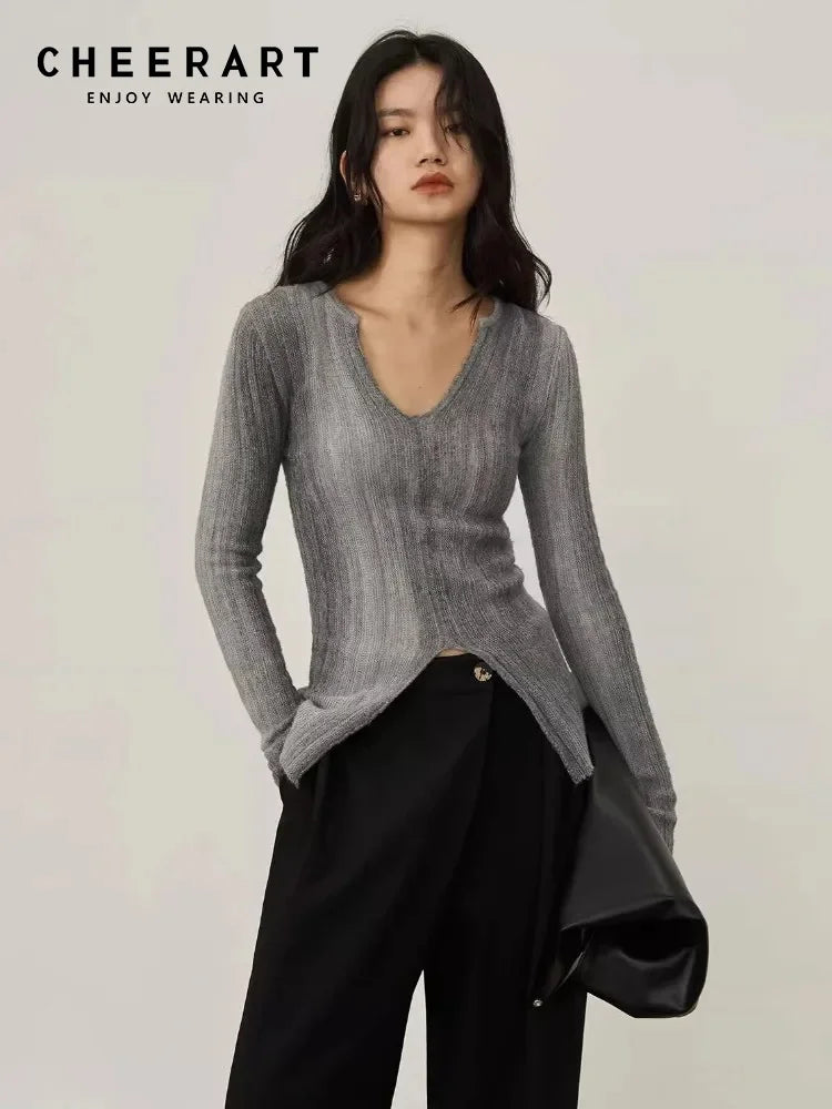 AYDENMONTANA CHEERART 2024 Women's Gradient Grey Long Sleeve Knitted Pullover - Designer V Neck Fall Sweater