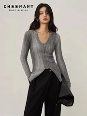 AYDENMONTANA CHEERART 2024 Women's Gradient Grey Long Sleeve Knitted Pullover - Designer V Neck Fall Sweater