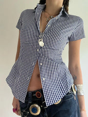 AYDENMONTANA Cuteandpsycho Y2K Plaid Button-Up Blouse - Women's Short Sleeve Turn-Down Neck Vintage 2000s Top