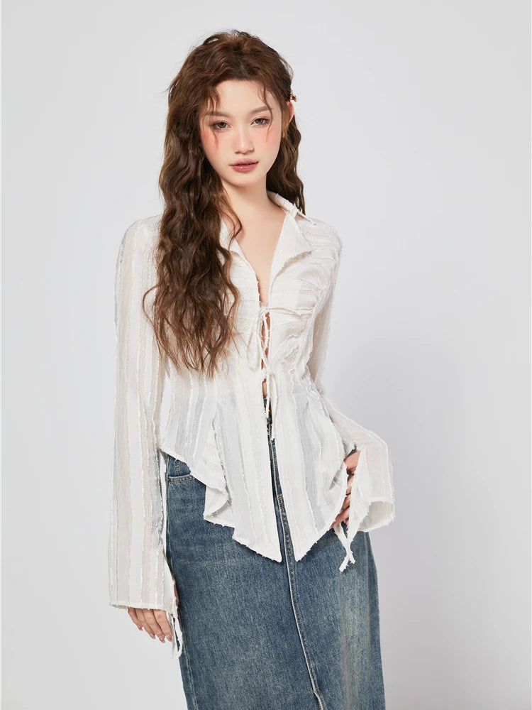 AYDENMONTANA CHEERART 2023 Women's Bandage Chiffon Long Sleeve Shirt - Designer Collar Fashion Blouse