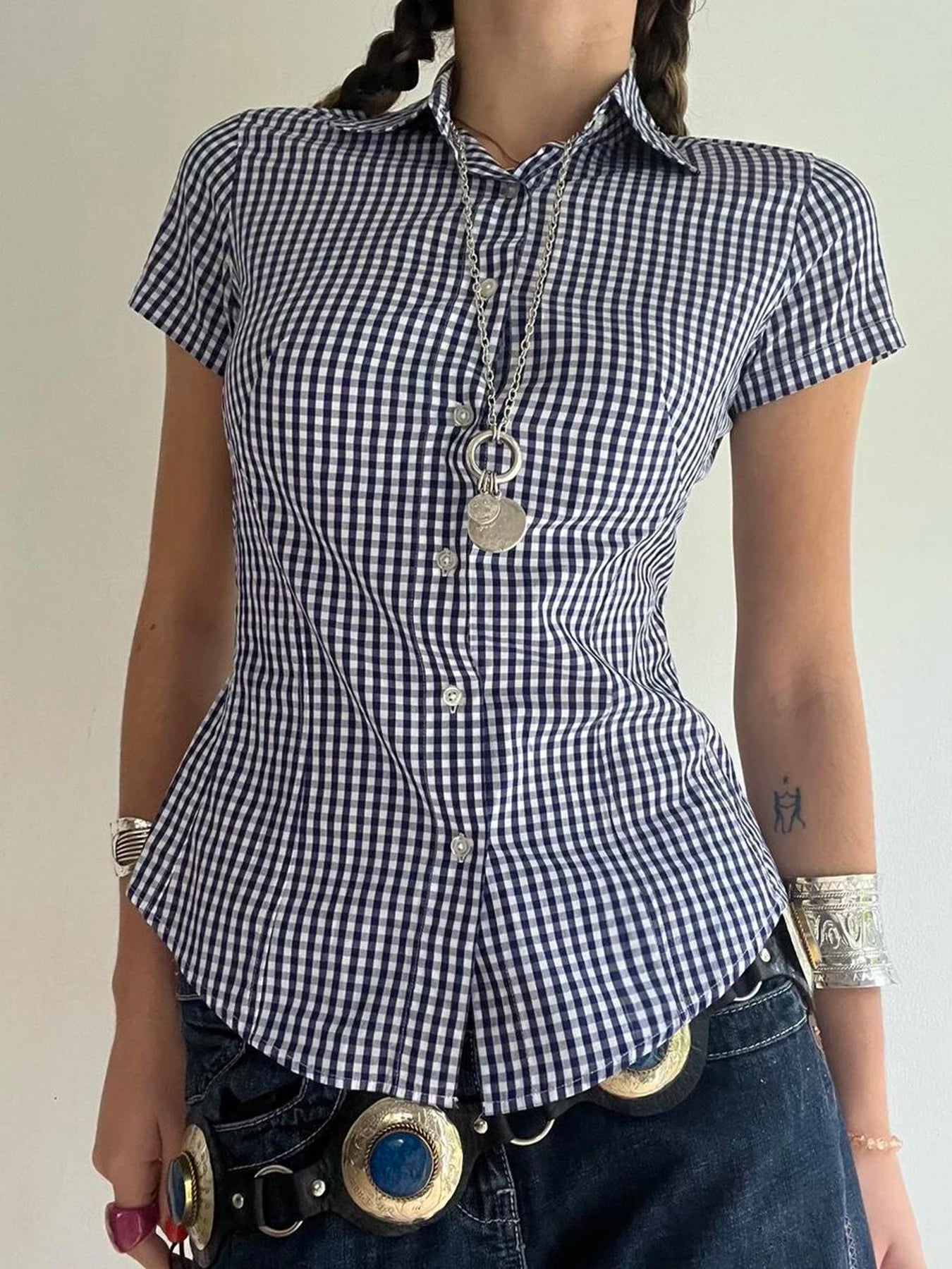 AYDENMONTANA Cuteandpsycho Y2K Plaid Button-Up Blouse - Women's Short Sleeve Turn-Down Neck Vintage 2000s Top