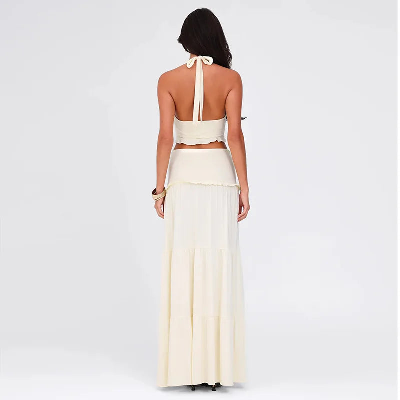 AYDENMONTANA Cryptographic Elegant Co-ord Set - Sleeveless Frill Halter Twist Top & Dress Outfit | Coquette Fashion Two Piece