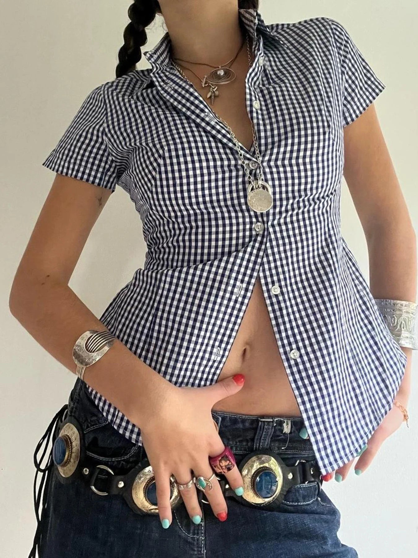AYDENMONTANA Cuteandpsycho Y2K Plaid Button-Up Blouse - Women's Short Sleeve Turn-Down Neck Vintage 2000s Top