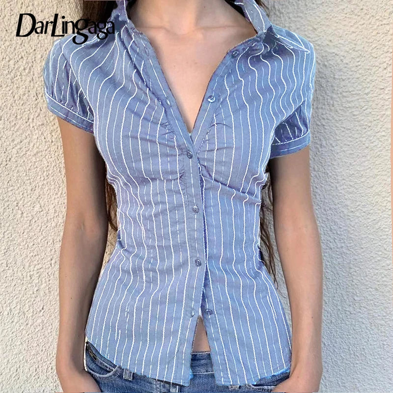 AYDENMONTANA Darlingaga Y2K Retro Stripe Slim Short Sleeve Blouse - Chic Button-Up Summer Casual Top
