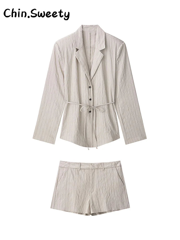 AYDENMONTANA 2025 Summer Women's Casual Lace-Up Blazer Shorts Set - Loose Lapel Full Sleeve Single Breasted Top & Mini Short Street Suit