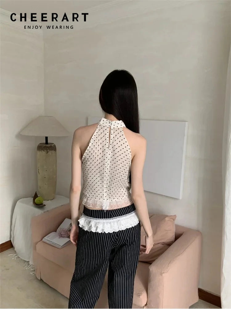 AYDENMONTANA CHEERART 2025 Women's Beige Polka Dot Lace Patchwork Halter Crop Top - Y2K Gyaru Summer Sleeveless Cute Top
