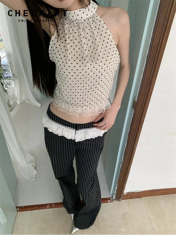 AYDENMONTANA CHEERART 2025 Women's Beige Polka Dot Lace Patchwork Halter Crop Top - Y2K Gyaru Summer Sleeveless Cute Top