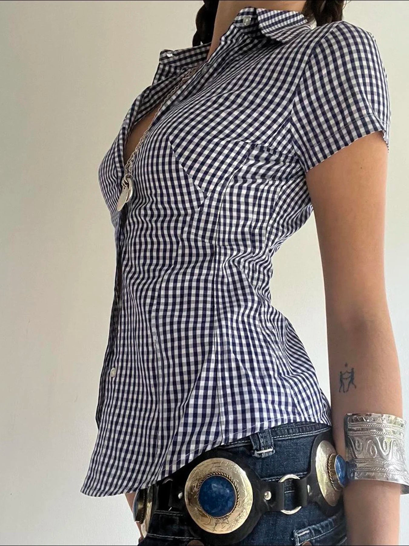 AYDENMONTANA Cuteandpsycho Y2K Plaid Button-Up Blouse - Women's Short Sleeve Turn-Down Neck Vintage 2000s Top