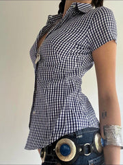 AYDENMONTANA Cuteandpsycho Y2K Plaid Button-Up Blouse - Women's Short Sleeve Turn-Down Neck Vintage 2000s Top