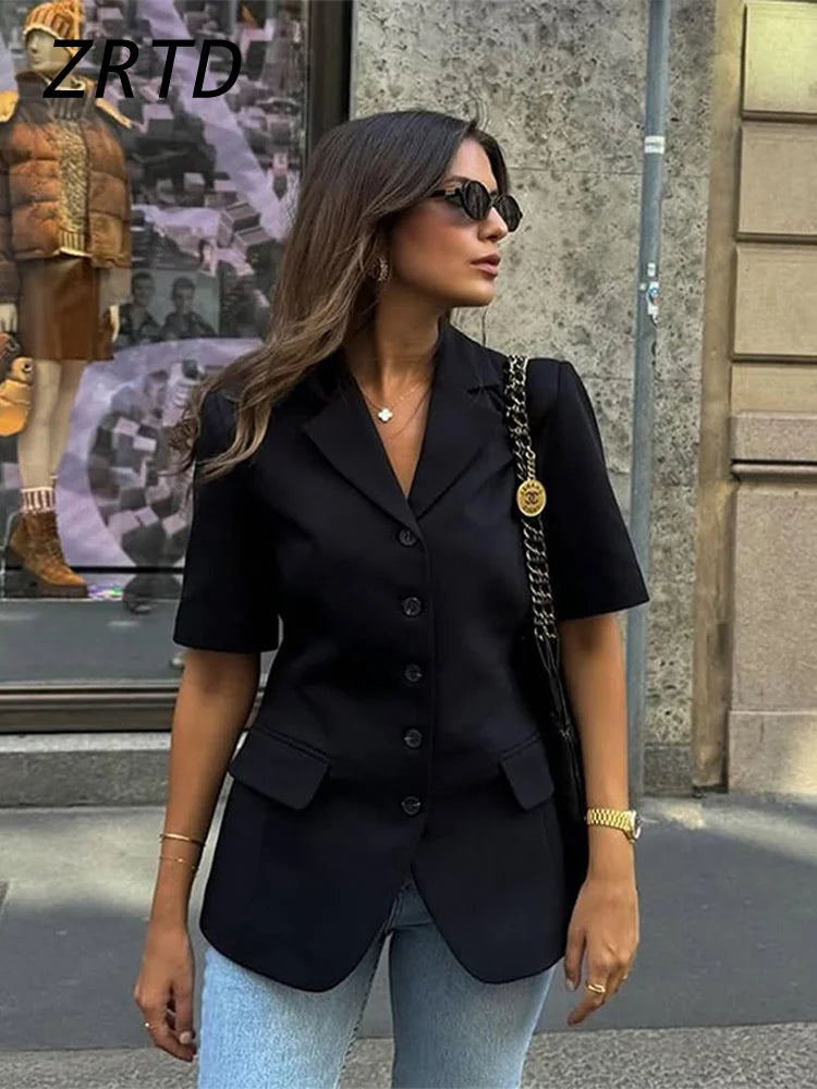 AYDENMONTANA 2025 Spring Summer Women's Elegant Solid Slim Lapel Blazer - Short Sleeve Single Breasted Office Jacket