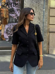 AYDENMONTANA 2025 Spring Summer Women's Elegant Solid Slim Lapel Blazer - Short Sleeve Single Breasted Office Jacket