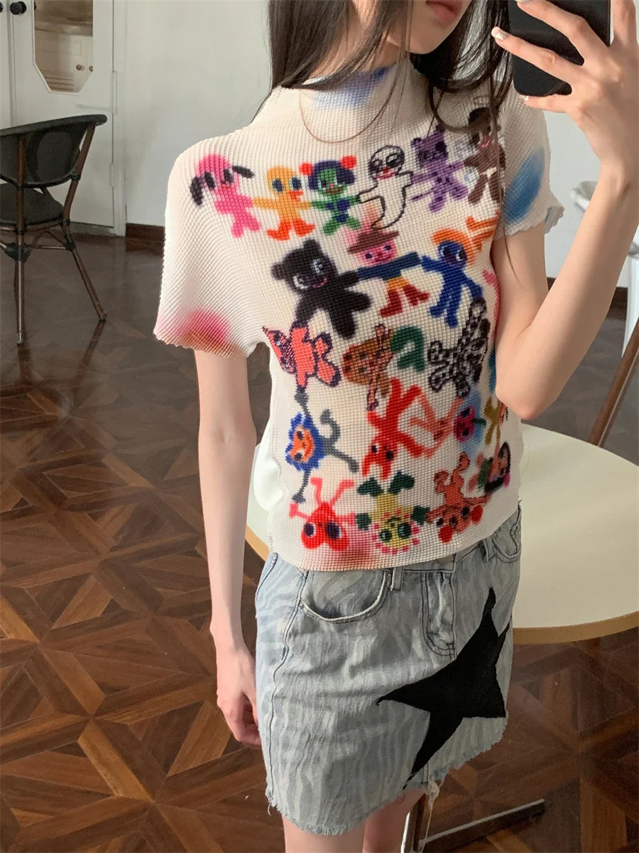 AYDENMONTANA CHEERART 2024 Women's Summer Artist Graffiti Crop Tee - White Designer Pleated Graphic T-Shirt