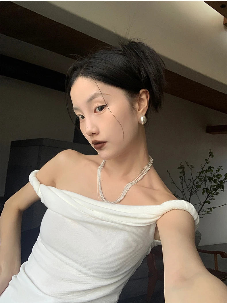 AYDENMONTANA CHEERART 2024 Women's Off-Shoulder Summer Knit Crop Top - Designer White/Black/Beige Knitwear Tank