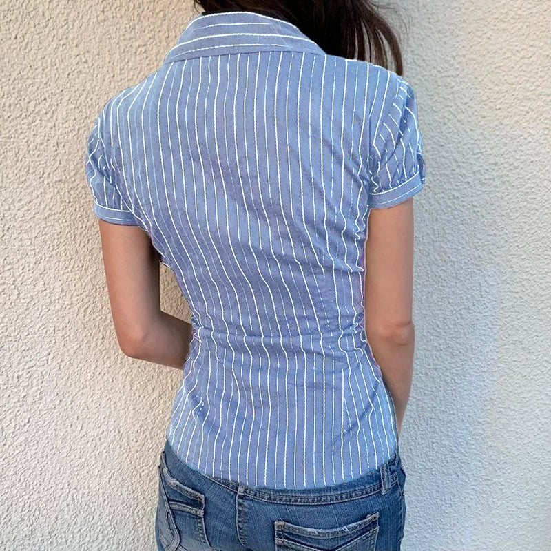 AYDENMONTANA Darlingaga Y2K Retro Stripe Slim Short Sleeve Blouse - Chic Button-Up Summer Casual Top