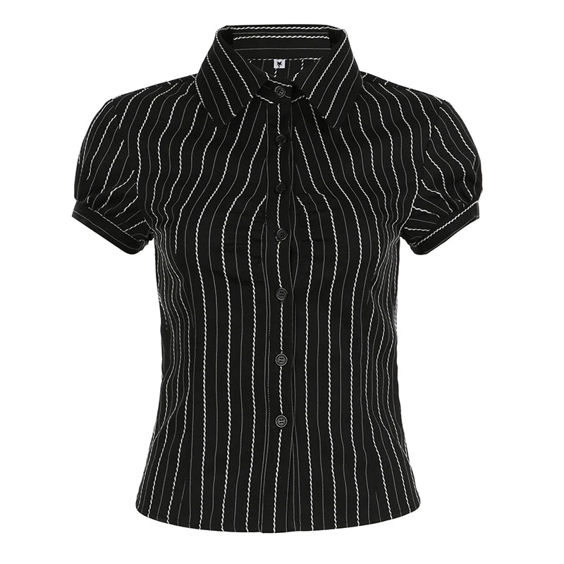 AYDENMONTANA Darlingaga Y2K Retro Stripe Slim Short Sleeve Blouse - Chic Button-Up Summer Casual Top