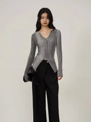 AYDENMONTANA CHEERART 2024 Women's Gradient Grey Long Sleeve Knitted Pullover - Designer V Neck Fall Sweater