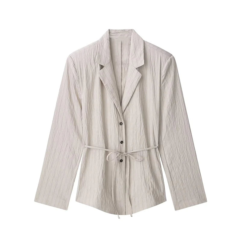 AYDENMONTANA 2025 Summer Women's Casual Lace-Up Blazer Shorts Set - Loose Lapel Full Sleeve Single Breasted Top & Mini Short Street Suit