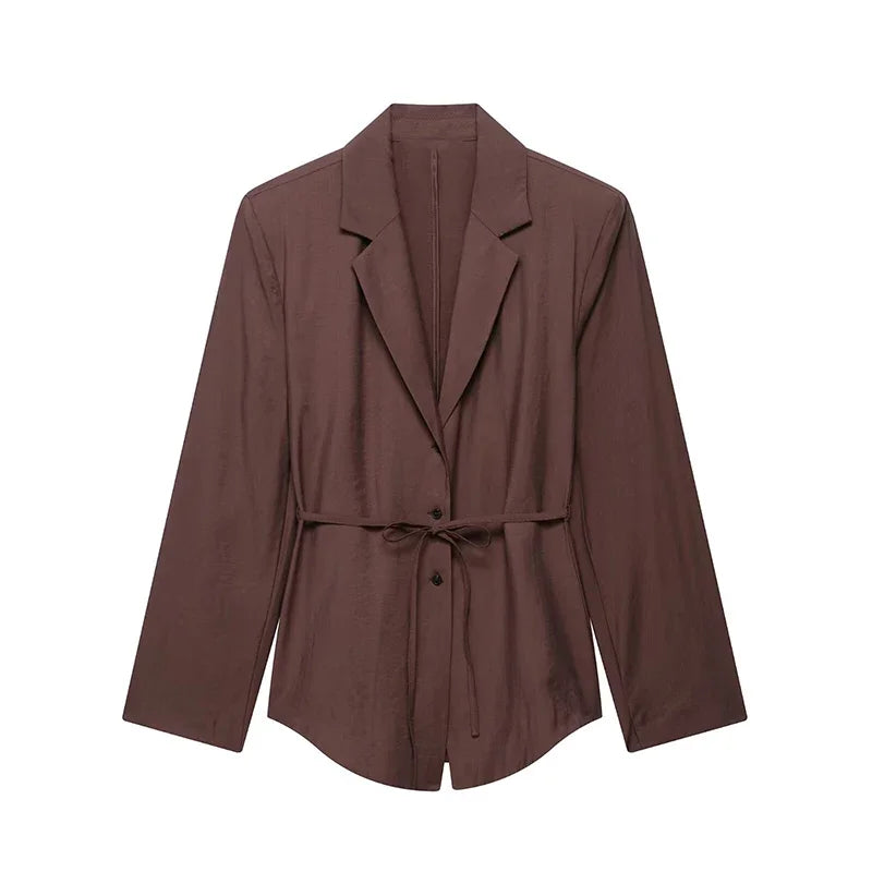 AYDENMONTANA 2025 Summer Women's Casual Lace-Up Blazer Shorts Set - Loose Lapel Full Sleeve Single Breasted Top & Mini Short Street Suit