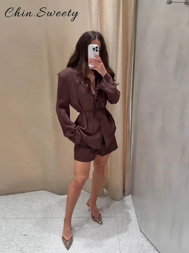 AYDENMONTANA 2025 Summer Women's Casual Lace-Up Blazer Shorts Set - Loose Lapel Full Sleeve Single Breasted Top & Mini Short Street Suit
