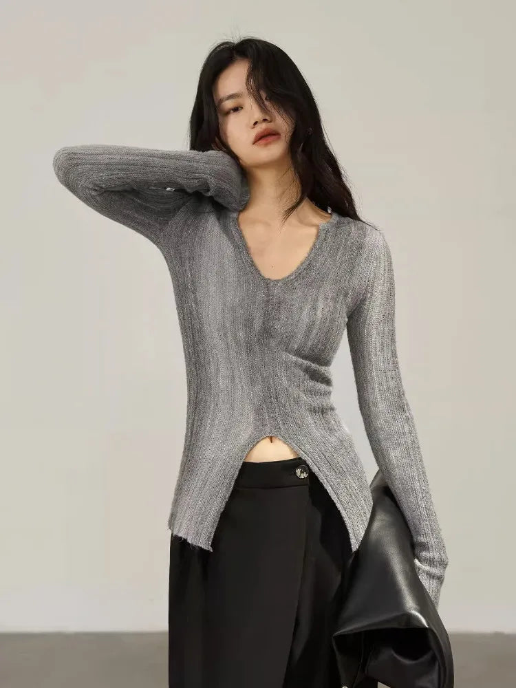 AYDENMONTANA CHEERART 2024 Women's Gradient Grey Long Sleeve Knitted Pullover - Designer V Neck Fall Sweater