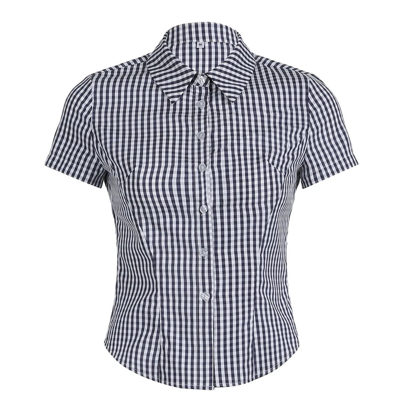 AYDENMONTANA Cuteandpsycho Y2K Plaid Button-Up Blouse - Women's Short Sleeve Turn-Down Neck Vintage 2000s Top