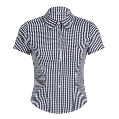 AYDENMONTANA Cuteandpsycho Y2K Plaid Button-Up Blouse - Women's Short Sleeve Turn-Down Neck Vintage 2000s Top