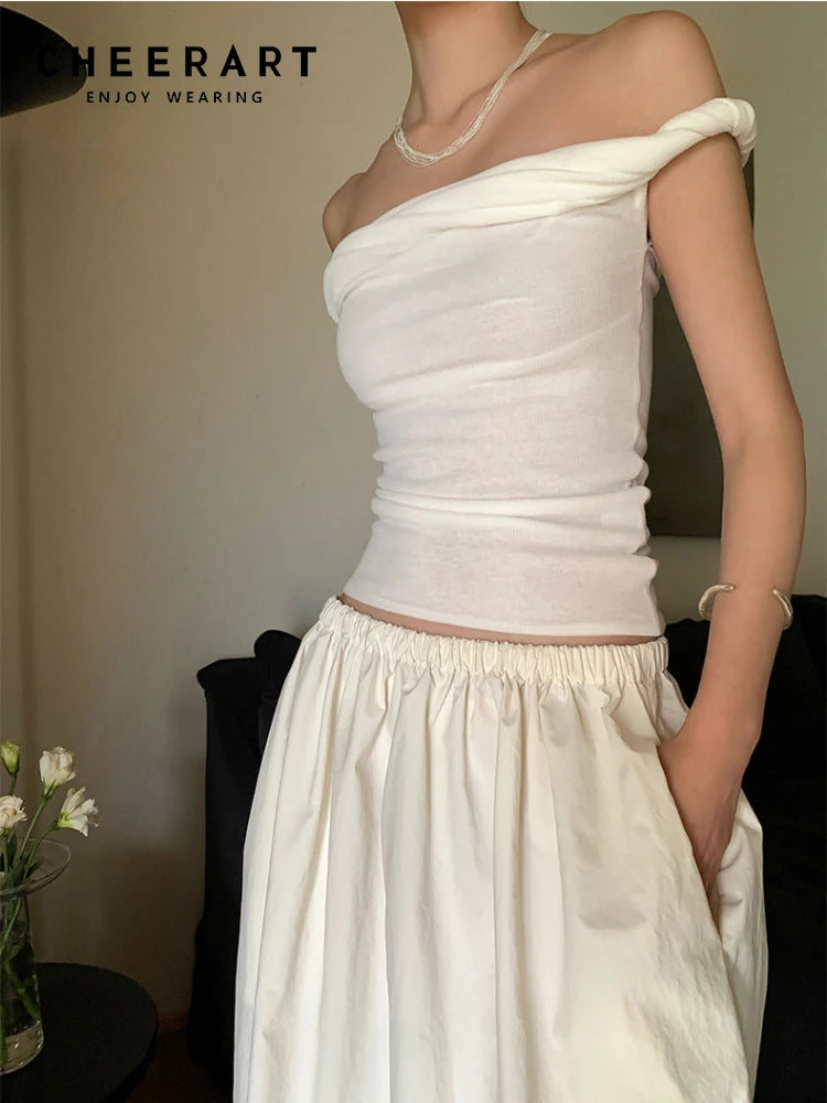 AYDENMONTANA CHEERART 2024 Women's Off-Shoulder Summer Knit Crop Top - Designer White/Black/Beige Knitwear Tank