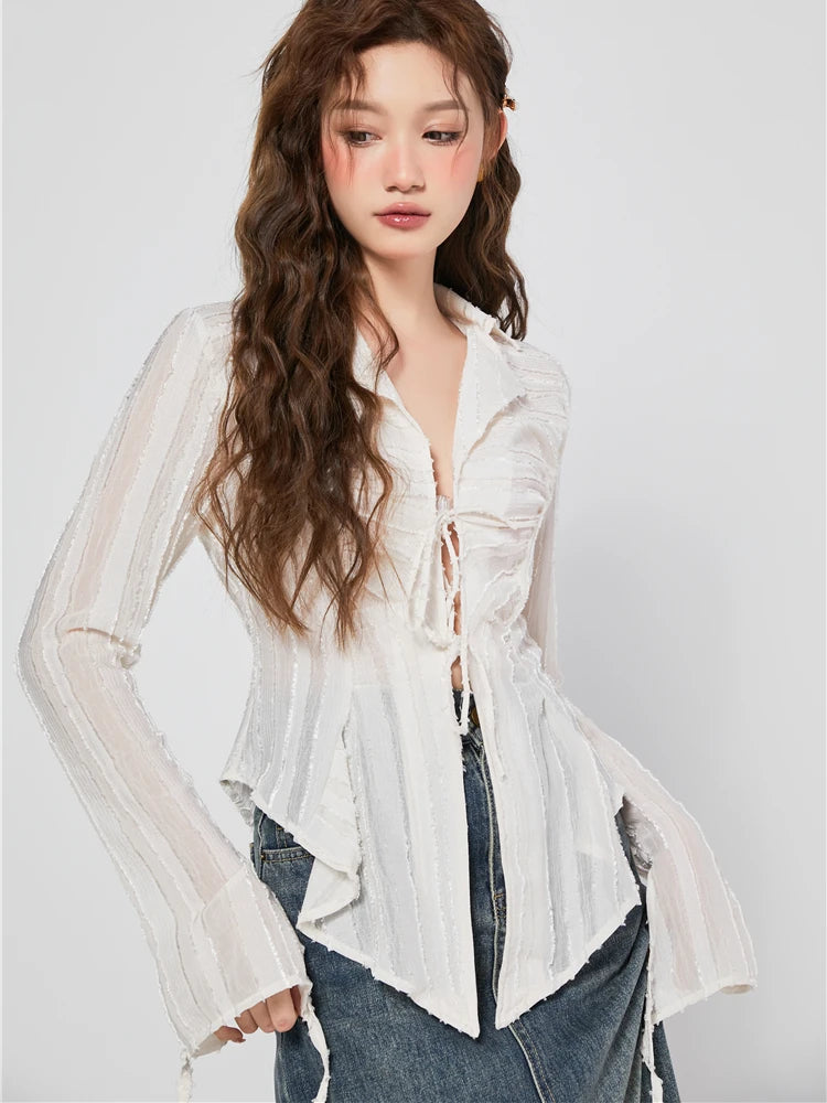 AYDENMONTANA CHEERART 2023 Women's Bandage Chiffon Long Sleeve Shirt - Designer Collar Fashion Blouse