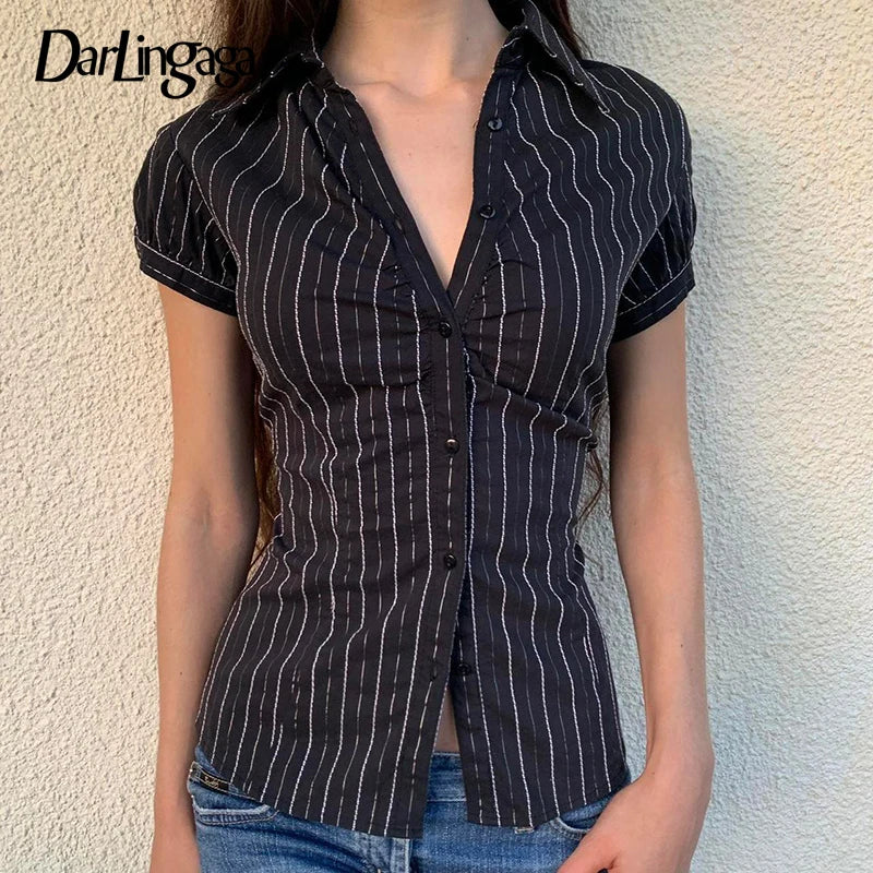 AYDENMONTANA Darlingaga Y2K Retro Stripe Slim Short Sleeve Blouse - Chic Button-Up Summer Casual Top