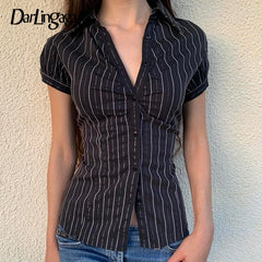 AYDENMONTANA Darlingaga Y2K Retro Stripe Slim Short Sleeve Blouse - Chic Button-Up Summer Casual Top