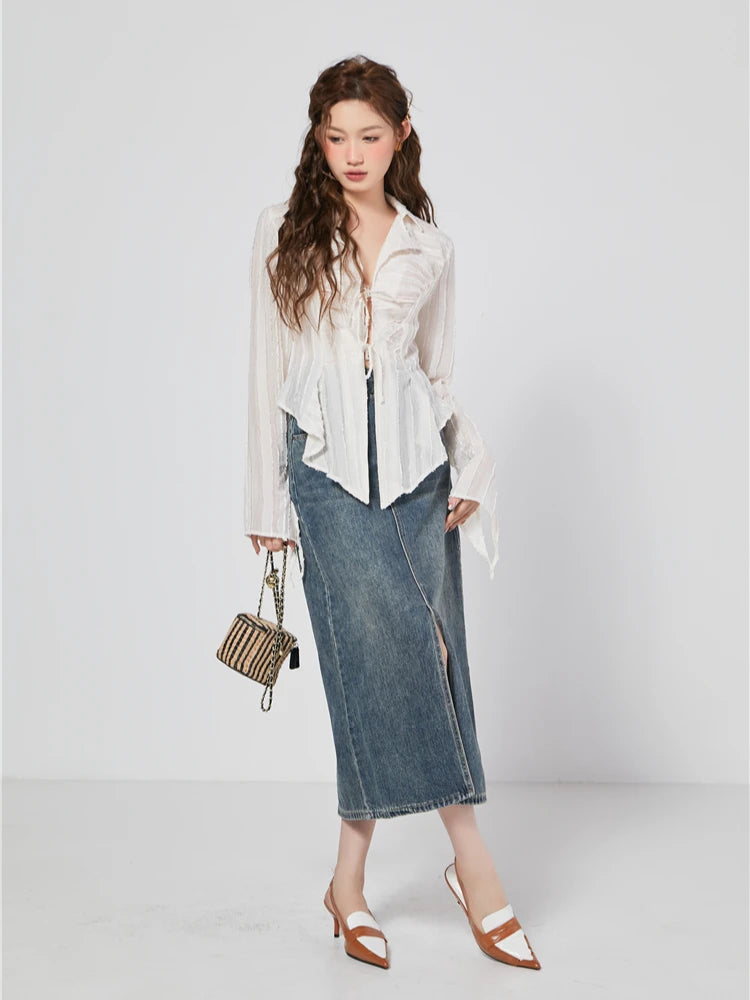 AYDENMONTANA CHEERART 2023 Women's Bandage Chiffon Long Sleeve Shirt - Designer Collar Fashion Blouse